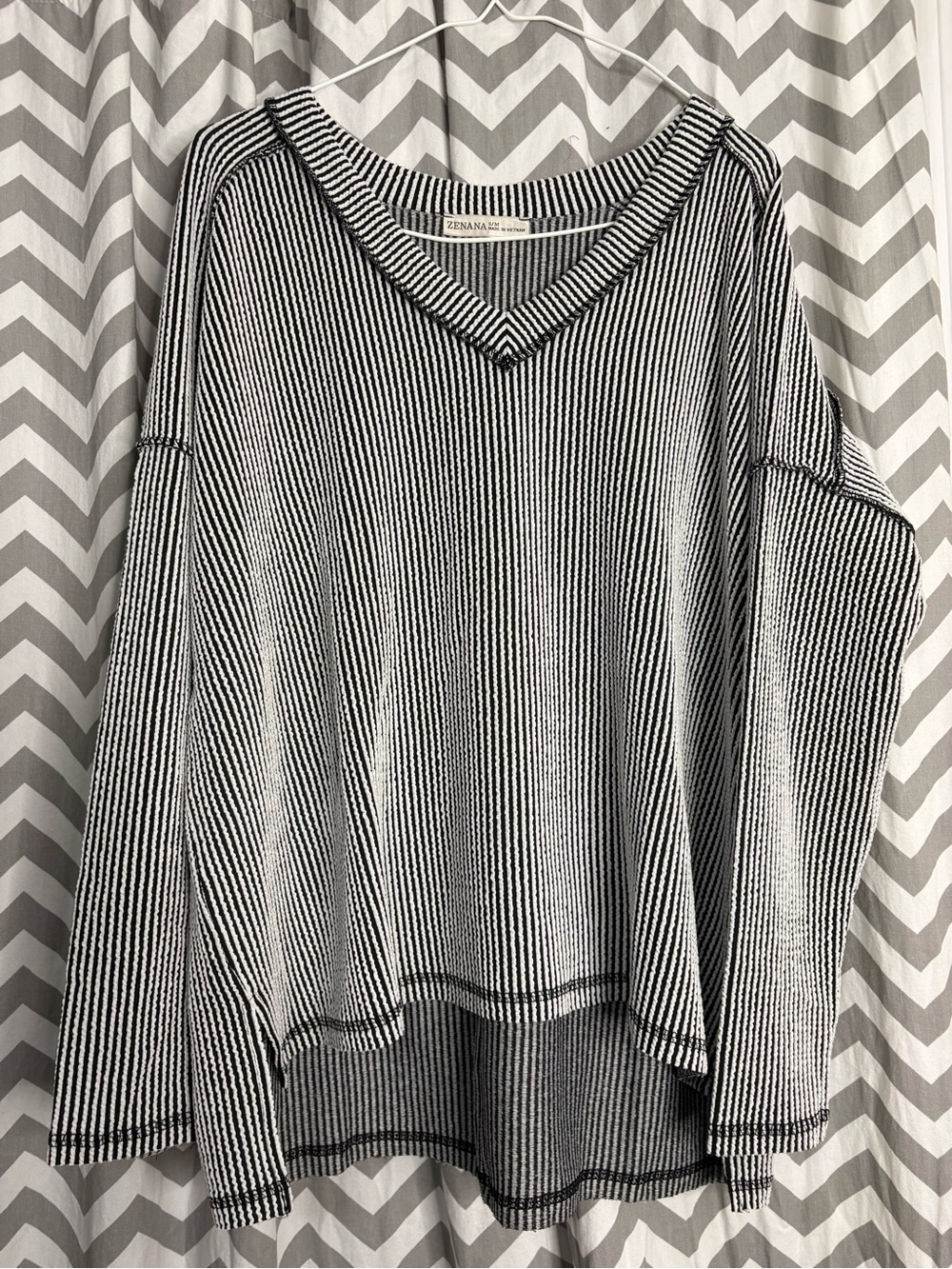 ZENANA Black & White Striped V-Neck Long Sleeve Top